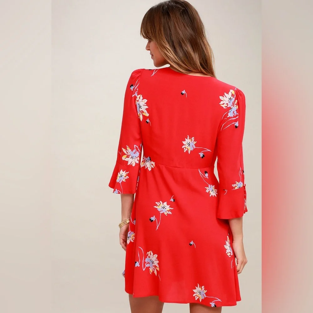 Free People Time On My Side Red Floral Print Wrap Dress - Size Small    dresses - Picture 6 of 9
